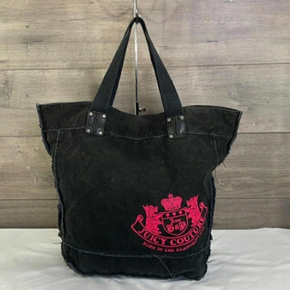 Juicy Couture Black & Pink Distressed Tote Bag with Logo Embroidery Vintage Y2K